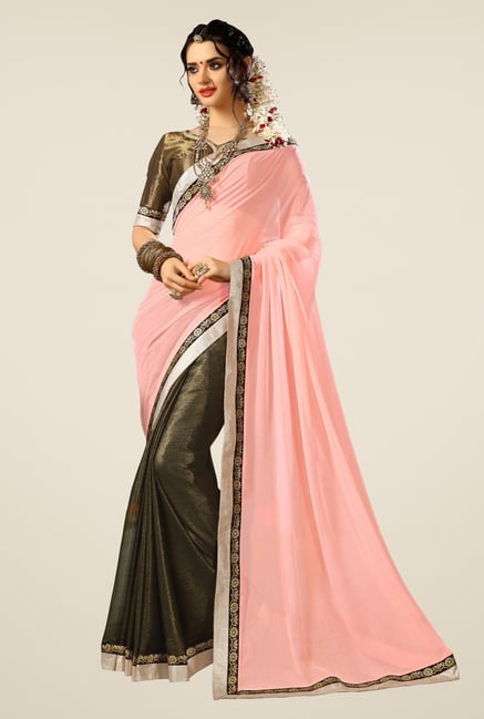 Triveni Brown & Peach Faux Georgette Saree Triveni Brown & Peach Faux Georgette Saree