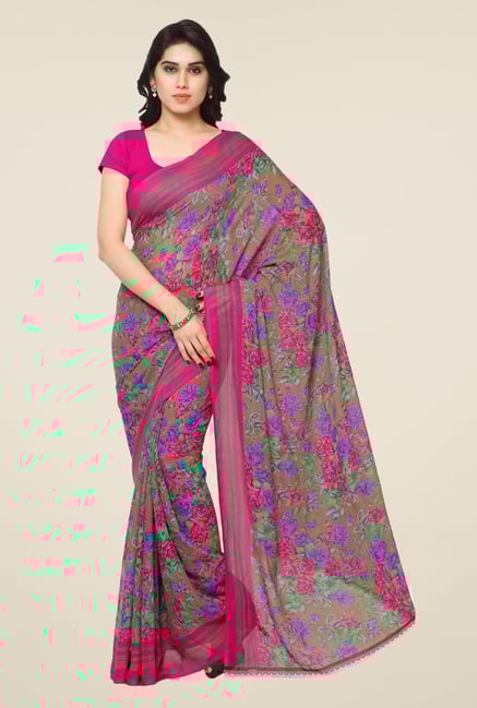 Triveni Brown & Pink Floral Print Faux Georgette Saree Triveni Brown & Pink Floral Print Faux Georgette Saree