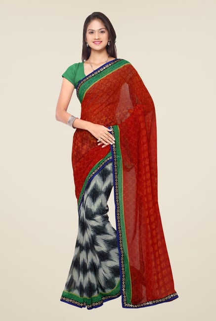 Triveni Grey & Red Faux Georgette Half and Half Saree Triveni Grey & Red Faux Georgette Half and Half Saree
