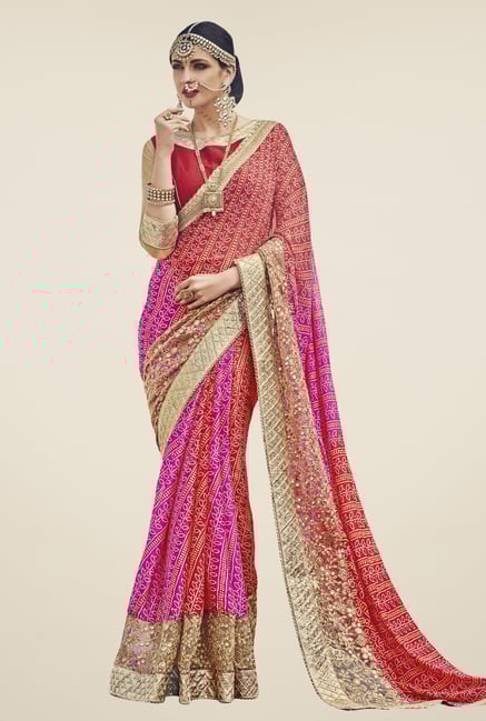 Triveni Pink & Red Bandhani Faux Georgette Saree Triveni Pink & Red Bandhani Faux Georgette Saree