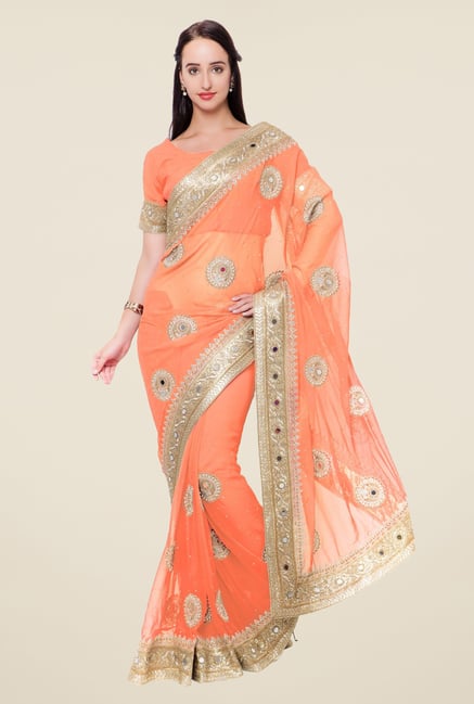 Triveni Orange Embellished Faux Georgette Saree Triveni Orange Embellished Faux Georgette Saree