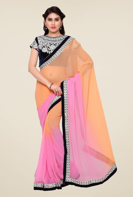 Triveni Pink & Peach Striped Faux Georgette Saree Triveni Pink & Peach Striped Faux Georgette Saree