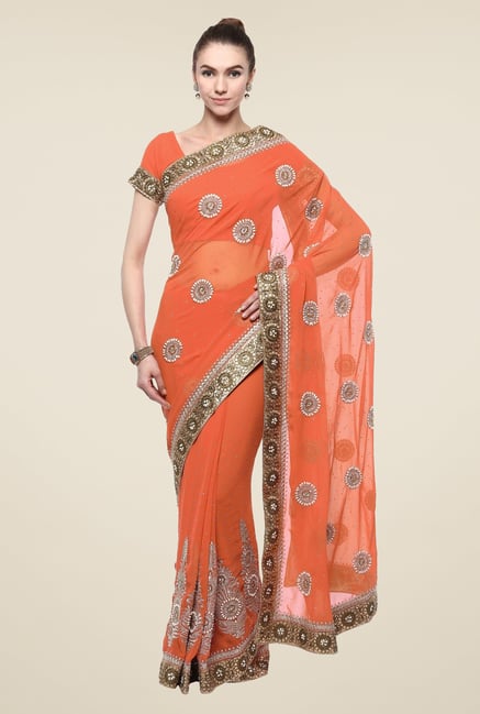 Triveni Orange Embellished Faux Georgette Saree Triveni Orange Embellished Faux Georgette Saree