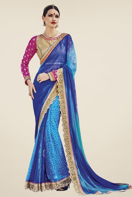 Triveni Blue Bandhani Faux Georgette Chiffon Saree Triveni Blue Bandhani Faux Georgette Chiffon Saree