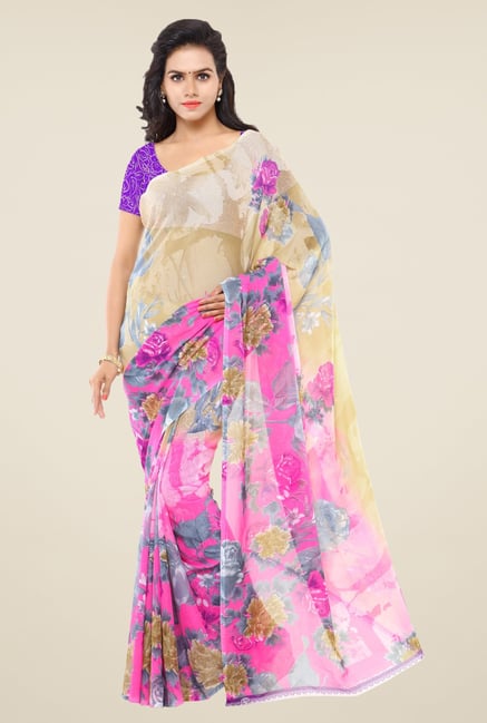 Triveni Beige & Pink Printed Faux Georgette Saree Triveni Beige & Pink Printed Faux Georgette Saree