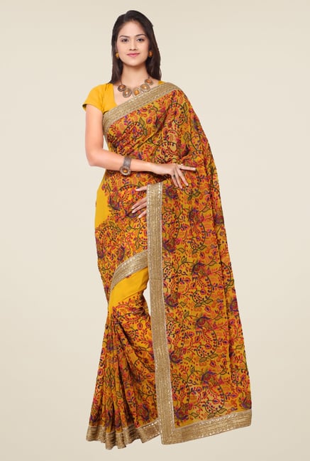 Triveni Yellow Embroidered Faux Georgette Saree Triveni Yellow Embroidered Faux Georgette Saree