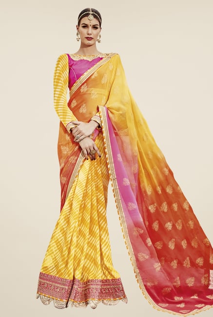 Triveni Yellow Printed Faux Georgette Chiffon Saree Triveni Yellow Printed Faux Georgette Chiffon Saree