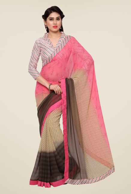 Triveni Beige & Pink Printed Faux Georgette Saree Triveni Beige & Pink Printed Faux Georgette Saree