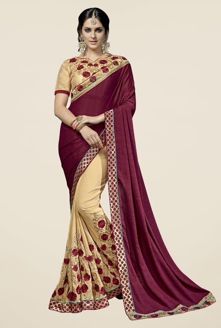 Triveni Beige & Purple Embroidered Faux Georgette Saree Triveni Beige & Purple Embroidered Faux Georgette Saree