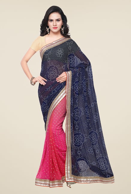 Triveni Pink & Navy Faux Georgette Half and Half Saree Triveni Pink & Navy Faux Georgette Half and Half Saree