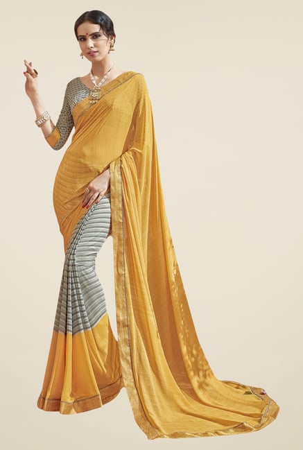 Triveni Grey & Mustard Striped Faux Georgette Saree Triveni Grey & Mustard Striped Faux Georgette Saree