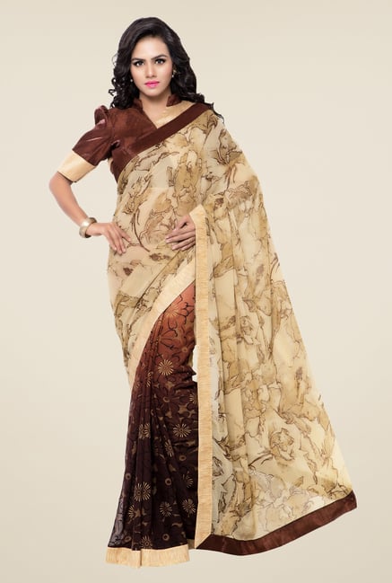 Triveni Brown & Beige Printed Faux Georgette Saree Triveni Brown & Beige Printed Faux Georgette Saree