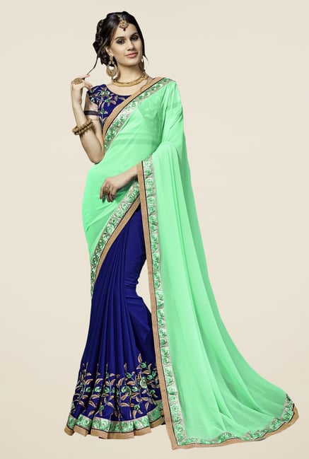 Triveni Navy & Light Green Embroidered Faux Georgette Saree Triveni Navy & Light Green Embroidered Faux Georgette Saree