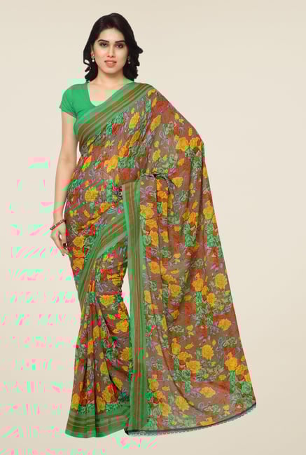 Triveni Brown & Green Floral Print Faux Georgette Saree Triveni Brown & Green Floral Print Faux Georgette Saree