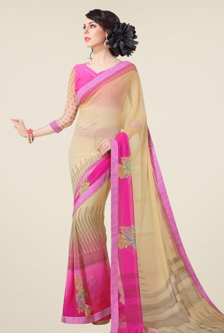 Triveni Beige & Pink Printed Faux Georgette Saree Triveni Beige & Pink Printed Faux Georgette Saree