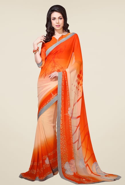 Triveni Peach & Orange Printed Faux Georgette Saree Triveni Peach & Orange Printed Faux Georgette Saree