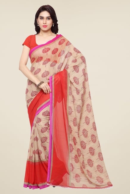 Triveni Beige & Red Printed Faux Georgette Saree Triveni Beige & Red Printed Faux Georgette Saree