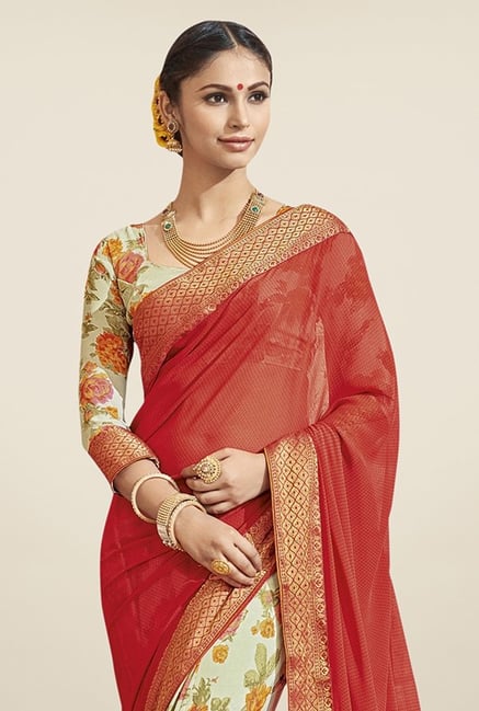 Triveni Cream & Red Floral Print Faux Georgette Saree Triveni Cream & Red Floral Print Faux Georgette Saree