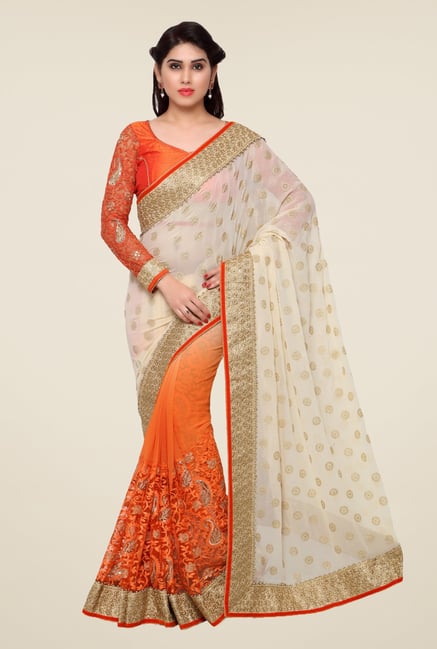 Triveni Orange & Beige Embroidered Faux Georgette Saree Triveni Orange & Beige Embroidered Faux Georgette Saree