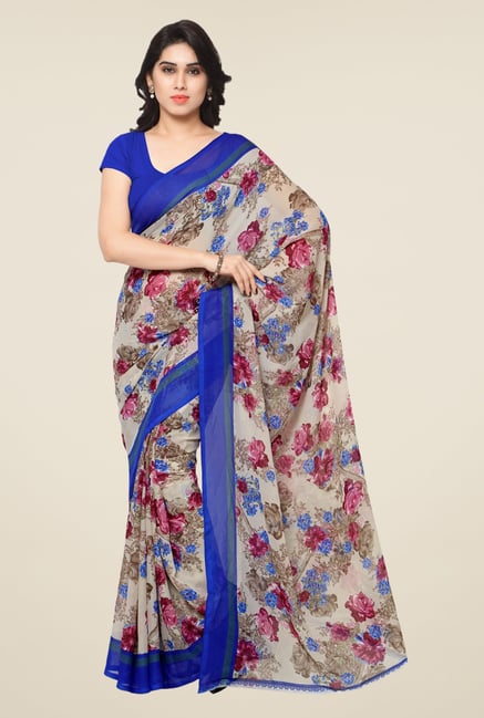 Triveni Beige & Blue Floral Print Faux Georgette Saree Triveni Beige & Blue Floral Print Faux Georgette Saree
