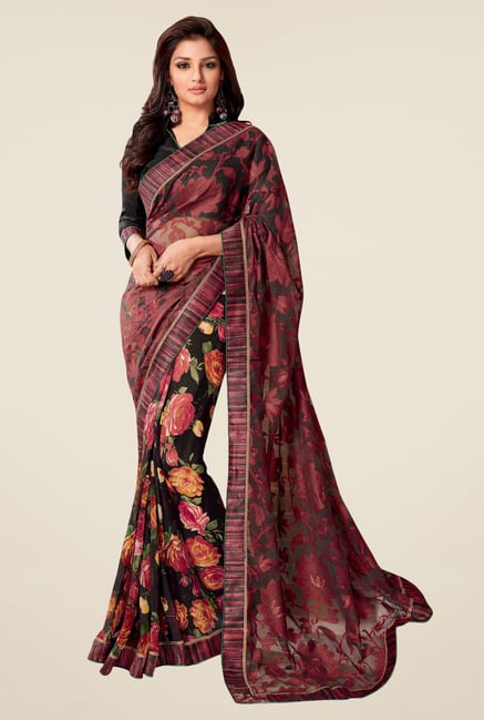 Triveni Black & Pink Floral Print Faux Georgette Saree Triveni Black & Pink Floral Print Faux Georgette Saree