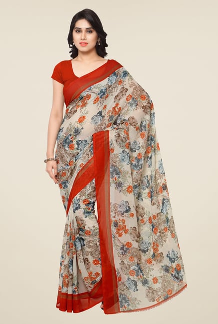 Triveni Beige & Red Floral Print Faux Georgette Saree Triveni Beige & Red Floral Print Faux Georgette Saree