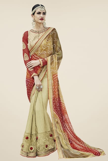 Triveni Beige Embellished Faux Georgette Chiffon Saree Triveni Beige Embellished Faux Georgette Chiffon Saree