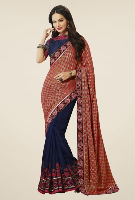 Triveni Navy & Pink Embroidered Faux Georgette Saree Triveni Navy & Pink Embroidered Faux Georgette Saree