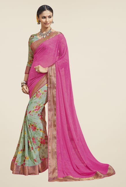 Triveni Olive & Pink Floral Print Faux Georgette Saree Triveni Olive & Pink Floral Print Faux Georgette Saree