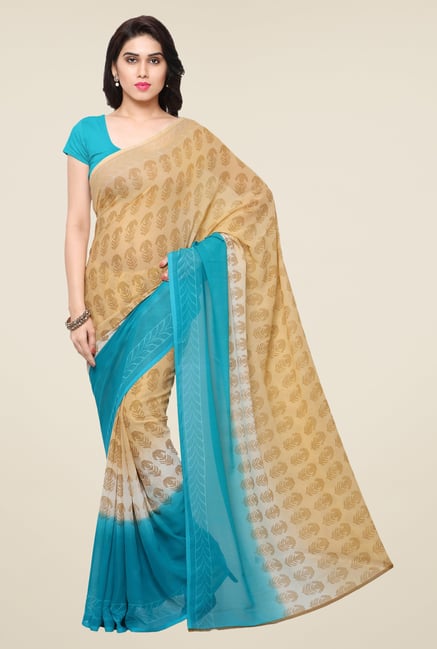Triveni Beige & Sky Blue Printed Faux Georgette Saree Triveni Beige & Sky Blue Printed Faux Georgette Saree