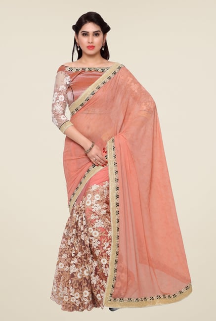 Triveni Peach Embroidered Faux Georgette Saree Triveni Peach Embroidered Faux Georgette Saree