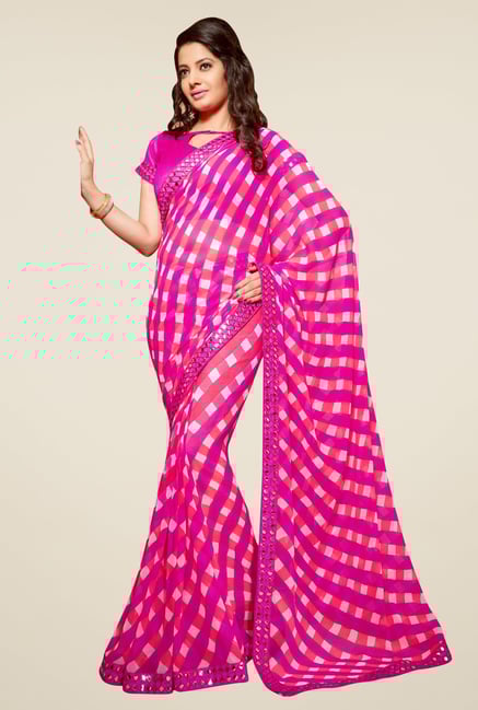 Triveni Pink Checks Faux Georgette Saree Triveni Pink Checks Faux Georgette Saree