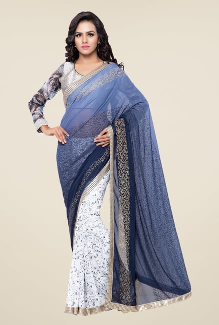 Triveni White & Navy Floral Print Faux Georgette Saree Triveni White & Navy Floral Print Faux Georgette Saree