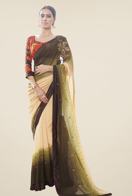 Triveni Beige & Brown Printed Faux Georgette Saree Triveni Beige & Brown Printed Faux Georgette Saree