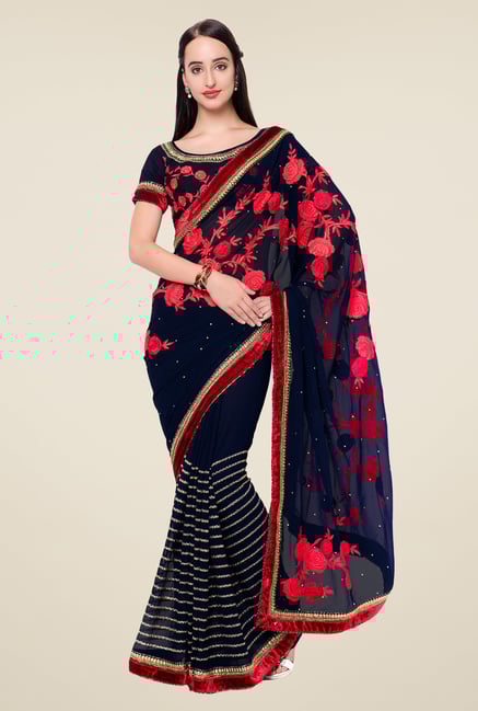 Triveni Navy Embroidered Faux Georgette Saree Triveni Navy Embroidered Faux Georgette Saree