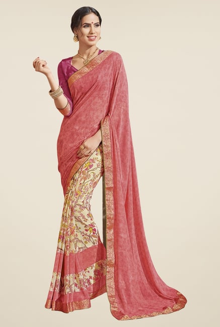 Triveni Beige & Pink Printed Faux Georgette Saree Triveni Beige & Pink Printed Faux Georgette Saree