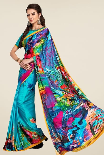 Triveni Blue Printed Satin Faux Georgette Saree Triveni Blue Printed Satin Faux Georgette Saree