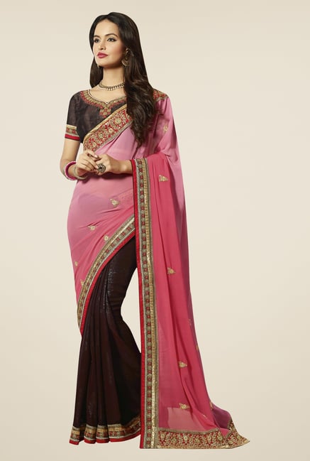 Triveni Brown & Pink Faux Georgette Shimmer Chiffon Saree Triveni Brown & Pink Faux Georgette Shimmer Chiffon Saree