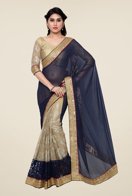 Triveni Beige & Navy Embroidered Faux Georgette Net Saree Triveni Beige & Navy Embroidered Faux Georgette Net Saree