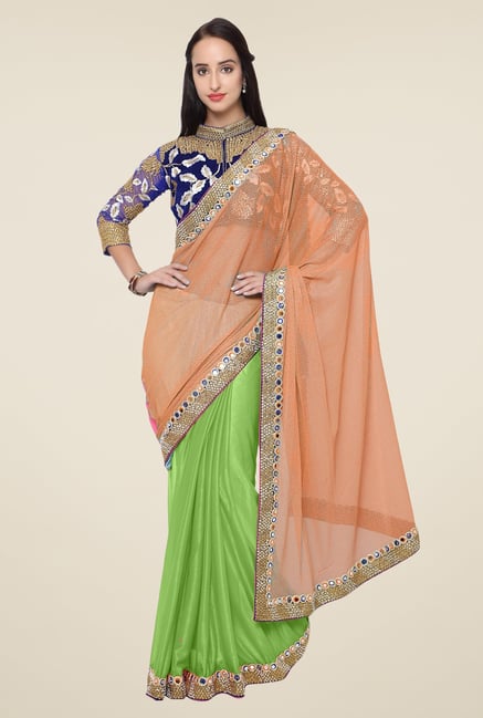 Triveni Green & Peach Embroidered Lycra Saree Triveni Green & Peach Embroidered Lycra Saree