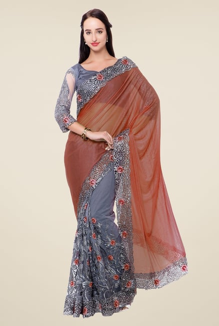 Triveni Grey & Brown Embroidered Lycra Net Saree Triveni Grey & Brown Embroidered Lycra Net Saree