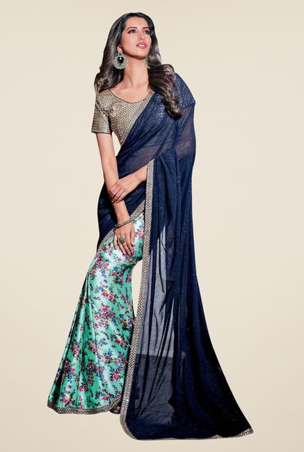 Triveni Green & Navy Floral Print Net Satin Saree Triveni Green & Navy Floral Print Net Satin Saree