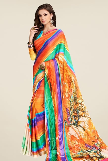Triveni Multicolor Striped Satin Faux Georgette Saree Triveni Multicolor Striped Satin Faux Georgette Saree