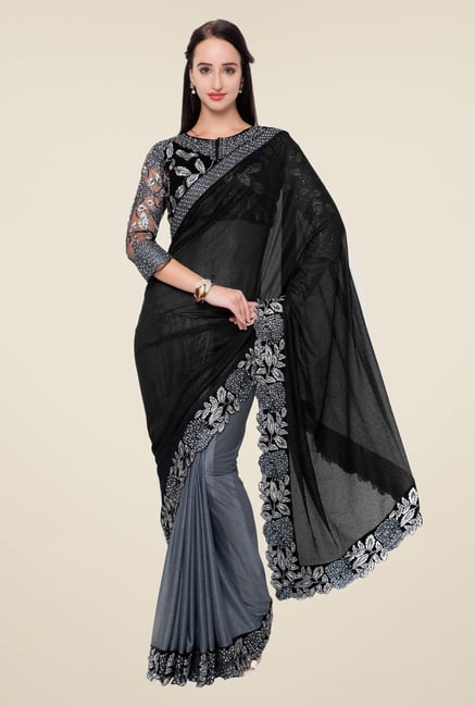 Triveni Grey & Black Embroidered Lycra Saree Triveni Grey & Black Embroidered Lycra Saree