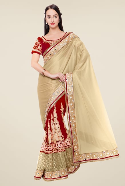 Triveni Red & Beige Embellished Lycra Net Saree Triveni Red & Beige Embellished Lycra Net Saree