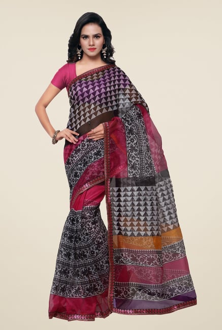 Triveni Magenta & Black Printed Supernet Saree Triveni Magenta & Black Printed Supernet Saree