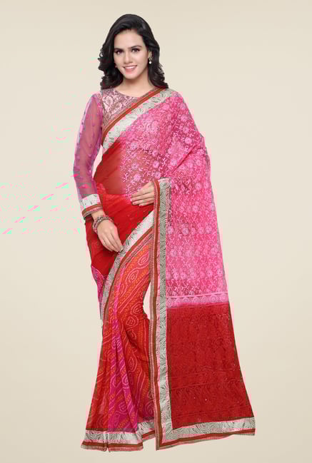 Triveni Red Bandhani Faux Georgette Net Saree Triveni Red Bandhani Faux Georgette Net Saree