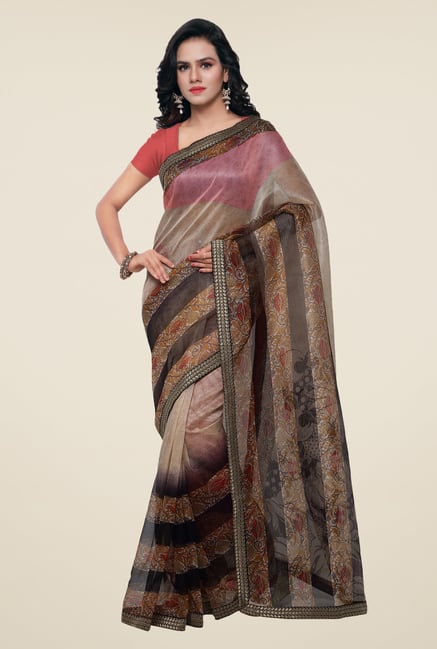 Triveni Brown Printed Supernet Saree Triveni Brown Printed Supernet Saree