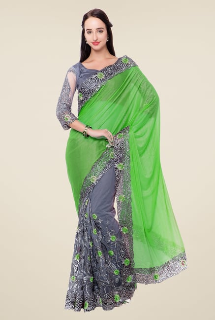 Triveni Grey & Green Embroidered Lycra Net Saree Triveni Grey & Green Embroidered Lycra Net Saree
