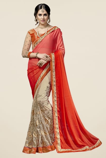 Triveni Beige & Orange Embroidered Faux Georgette Net Saree Triveni Beige & Orange Embroidered Faux Georgette Net Saree